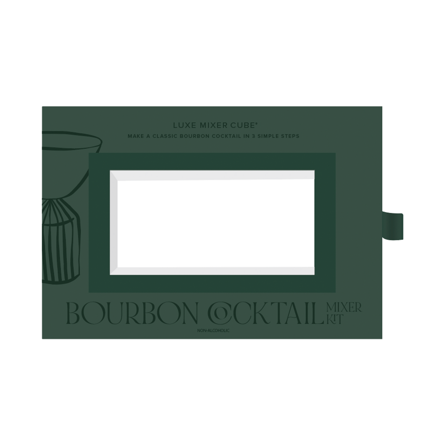 Green packaging for a bourbon cocktail mixer kit with text on a white background