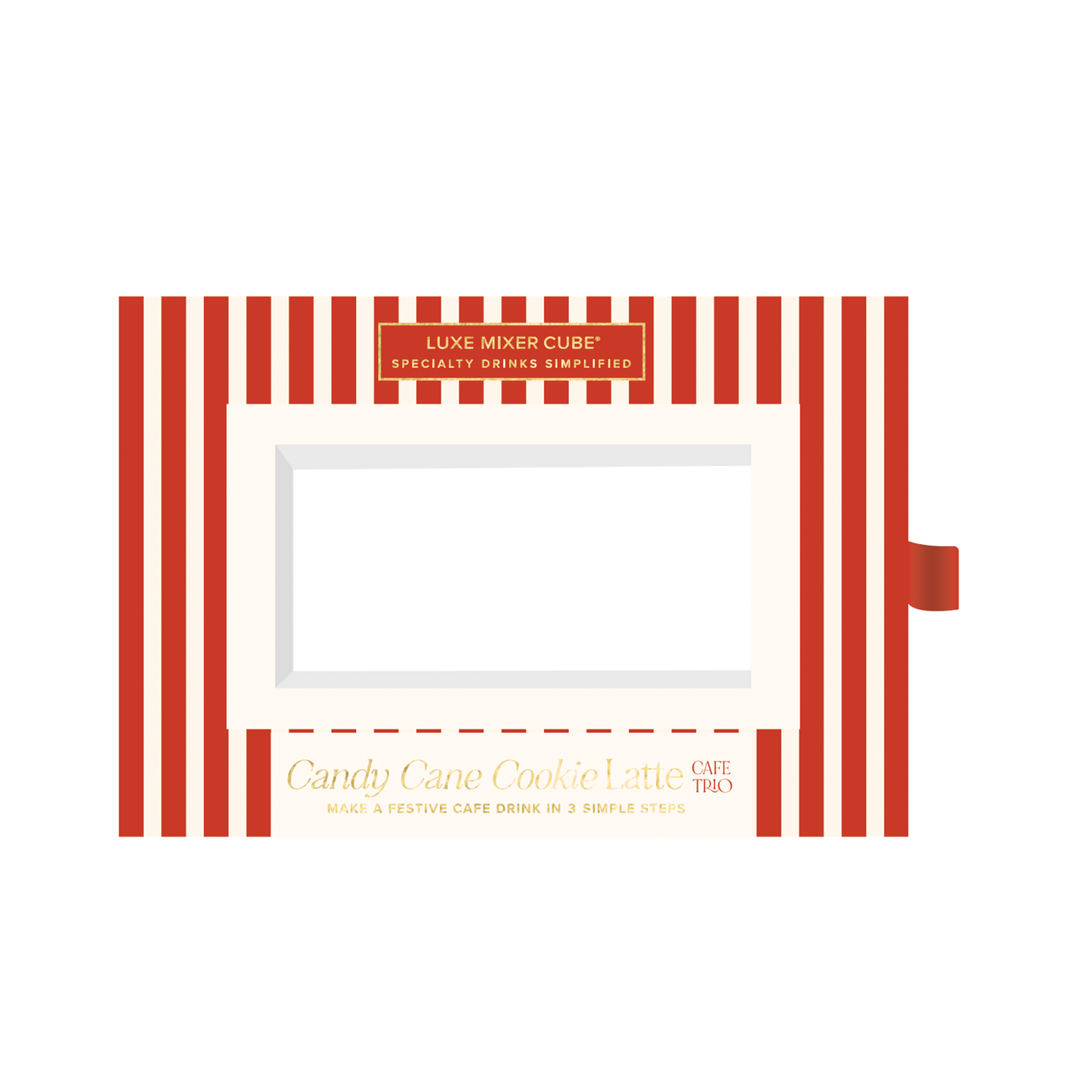 Red and white striped packaging with text on a white background