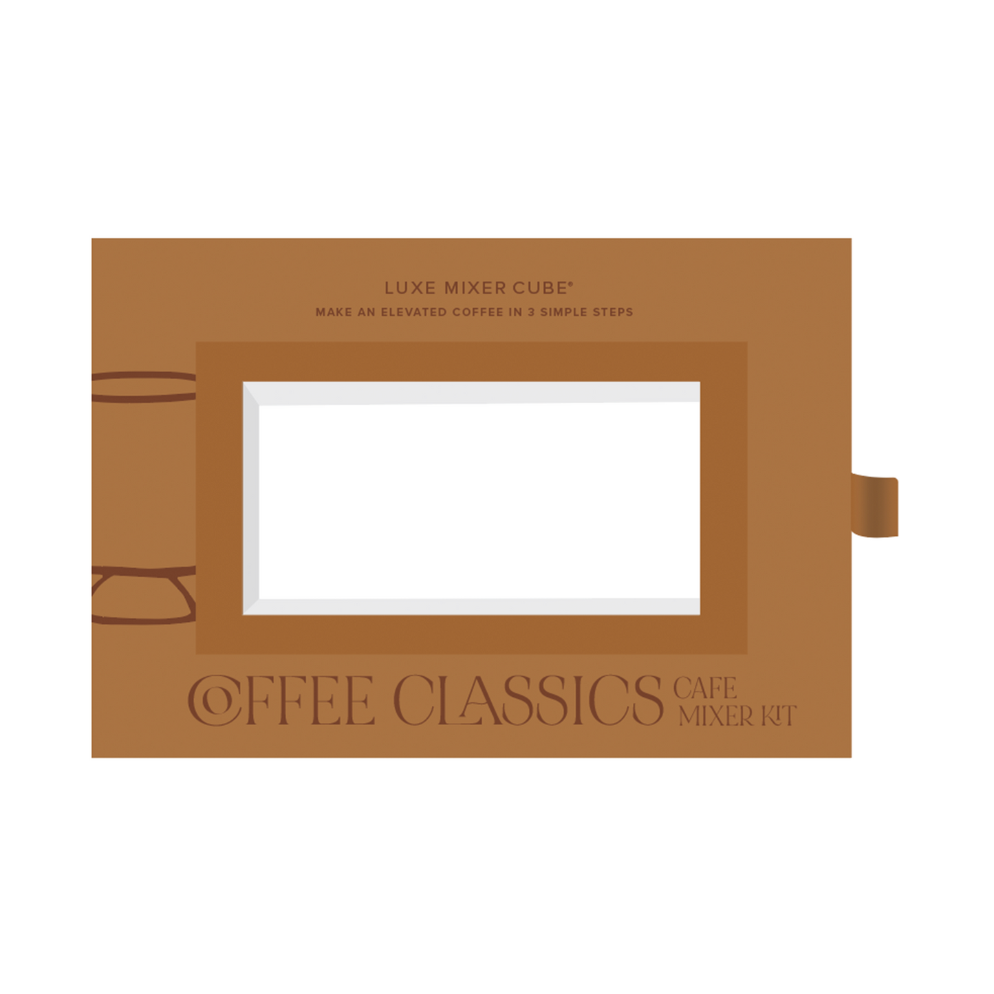 Brown packaging box for a coffee mixer kit with text on a white background