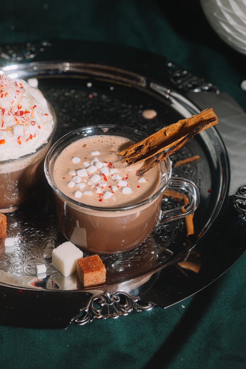 Hot chocolate with marshmallows and a cinnamon stick on a silver tray next to two LUXE Mixer Cubes