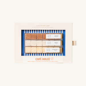 Set of coffee cubes in a 'Café Dolce' branded box on a white background
