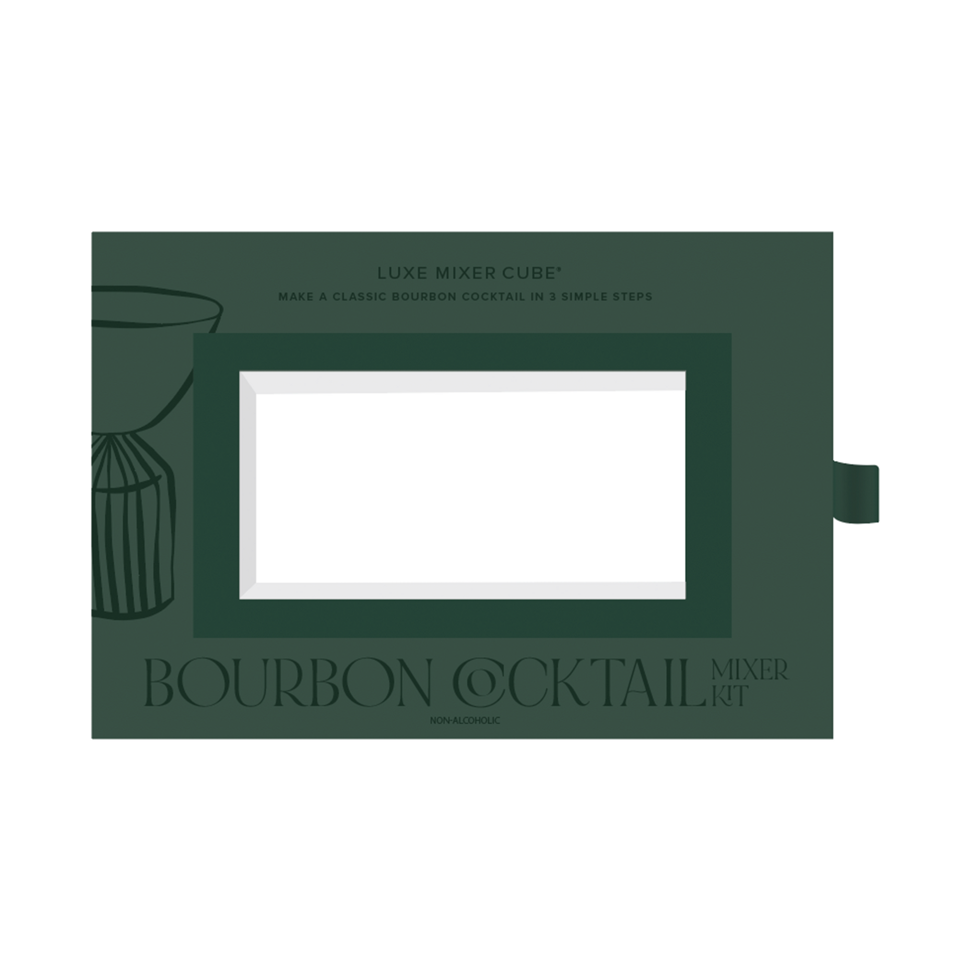 Green packaging for a bourbon cocktail mixer kit with text on a white background