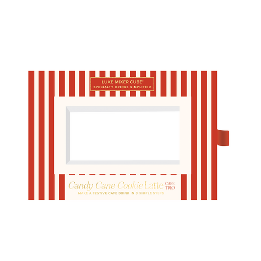 Red and white striped packaging with text on a white background