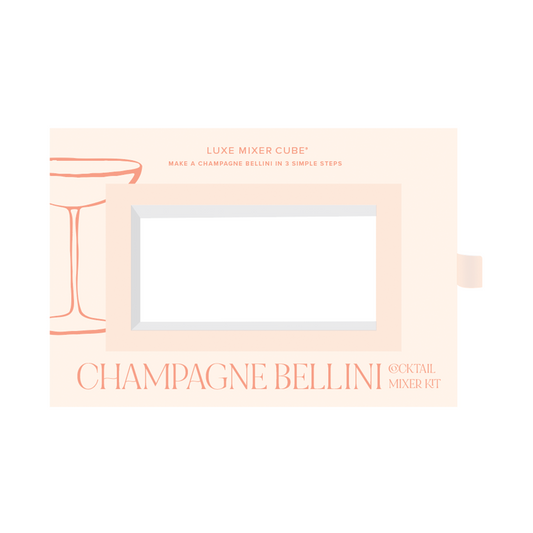 Champagne Bellini cocktail mixer packaging with a glass illustration on a white background