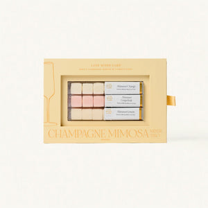 Champagne Mimosa makeup trio packaging on a light beige background