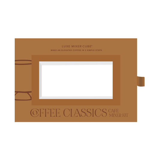 Brown packaging box for a coffee mixer kit with text on a white background