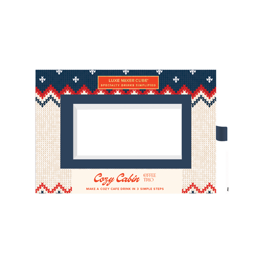 Mixer cube packaging with 'Cozy Cabin' branding on a white background