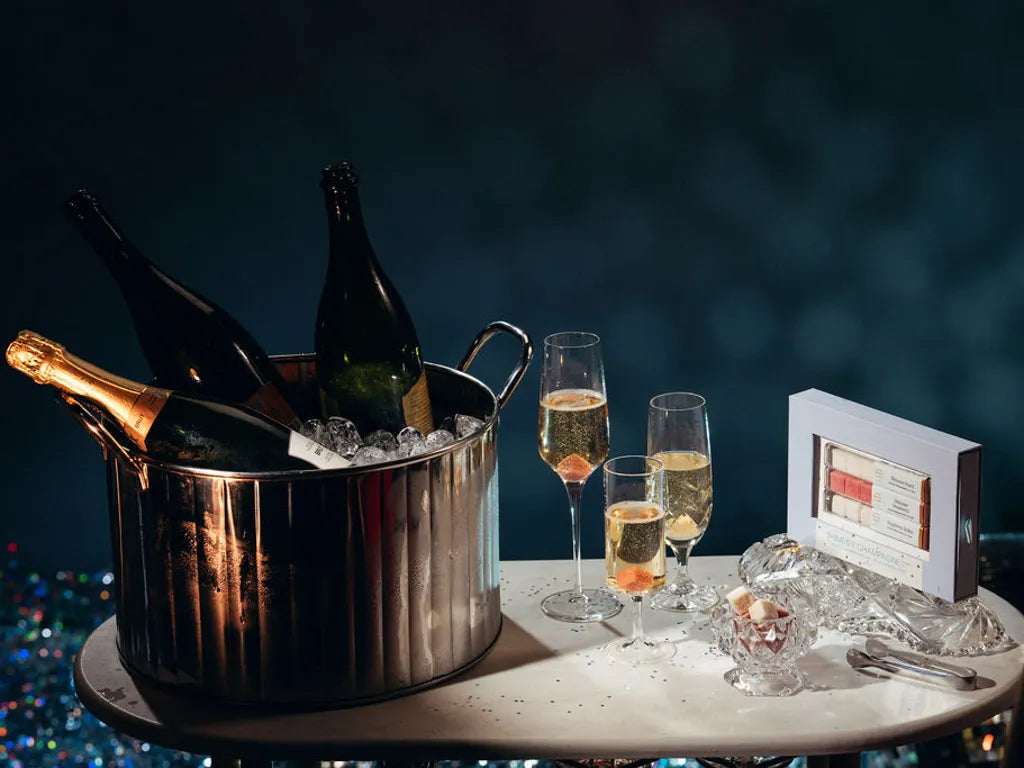 A silver ice bucket holding three champagne bottles, with three filled champagne flutes, a small glass bowl, and a white product box on a round table against a dark blue background.