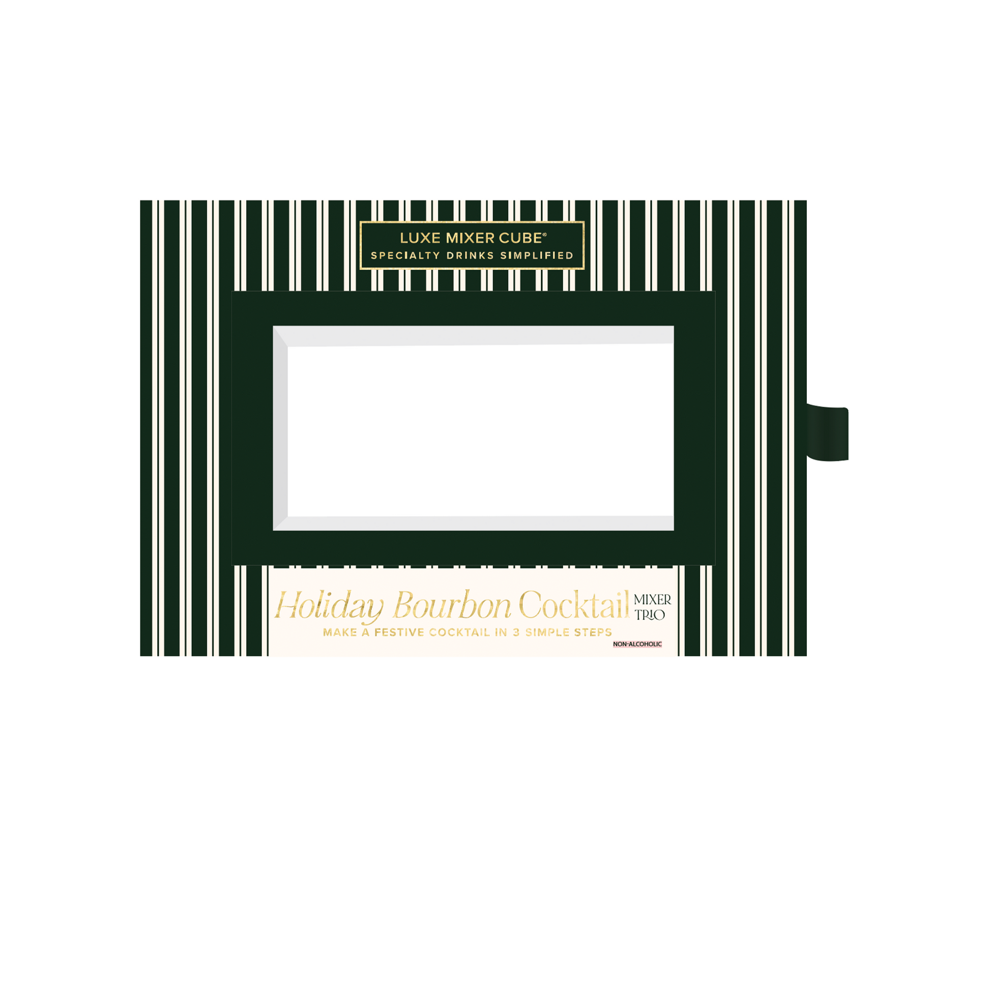 Rectangular packaging with striped design and text on a white background