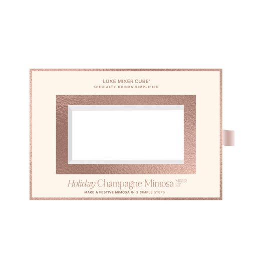 Luxe Mixer Cube packaging for Holiday Champagne Mimosa on a white background