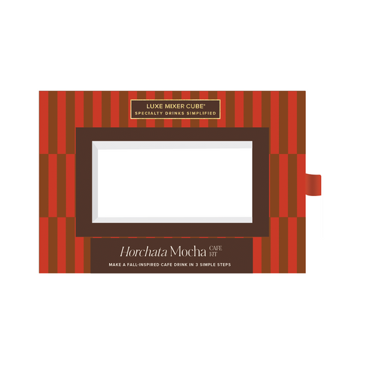 Luxe Mixer Cube Horchata Mocha packaging with red and brown striped design on a white background