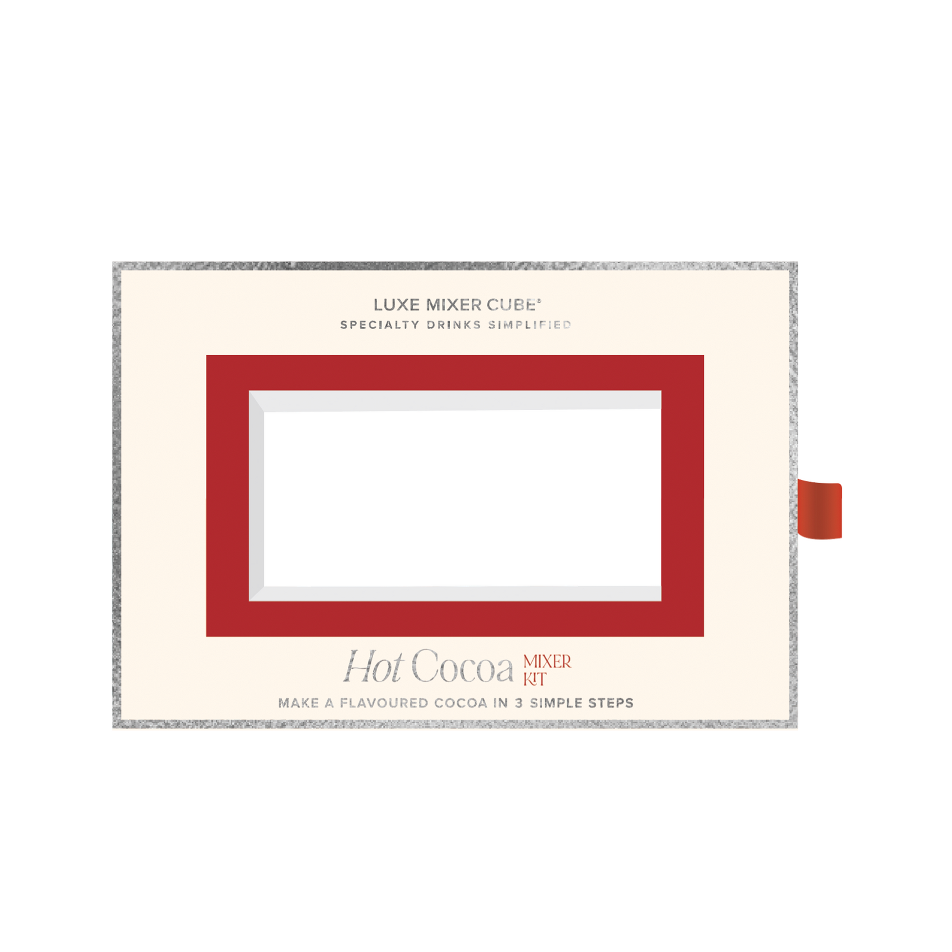 Hot cocoa mixer cube packaging with a red frame on a white background