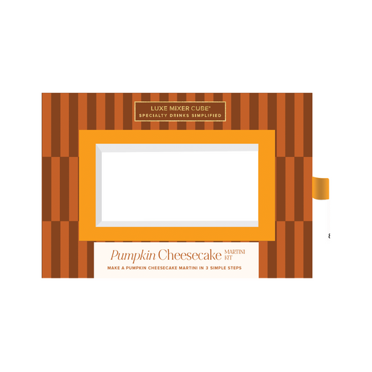 Pumpkin cheesecake martini packaging with striped design on a white background