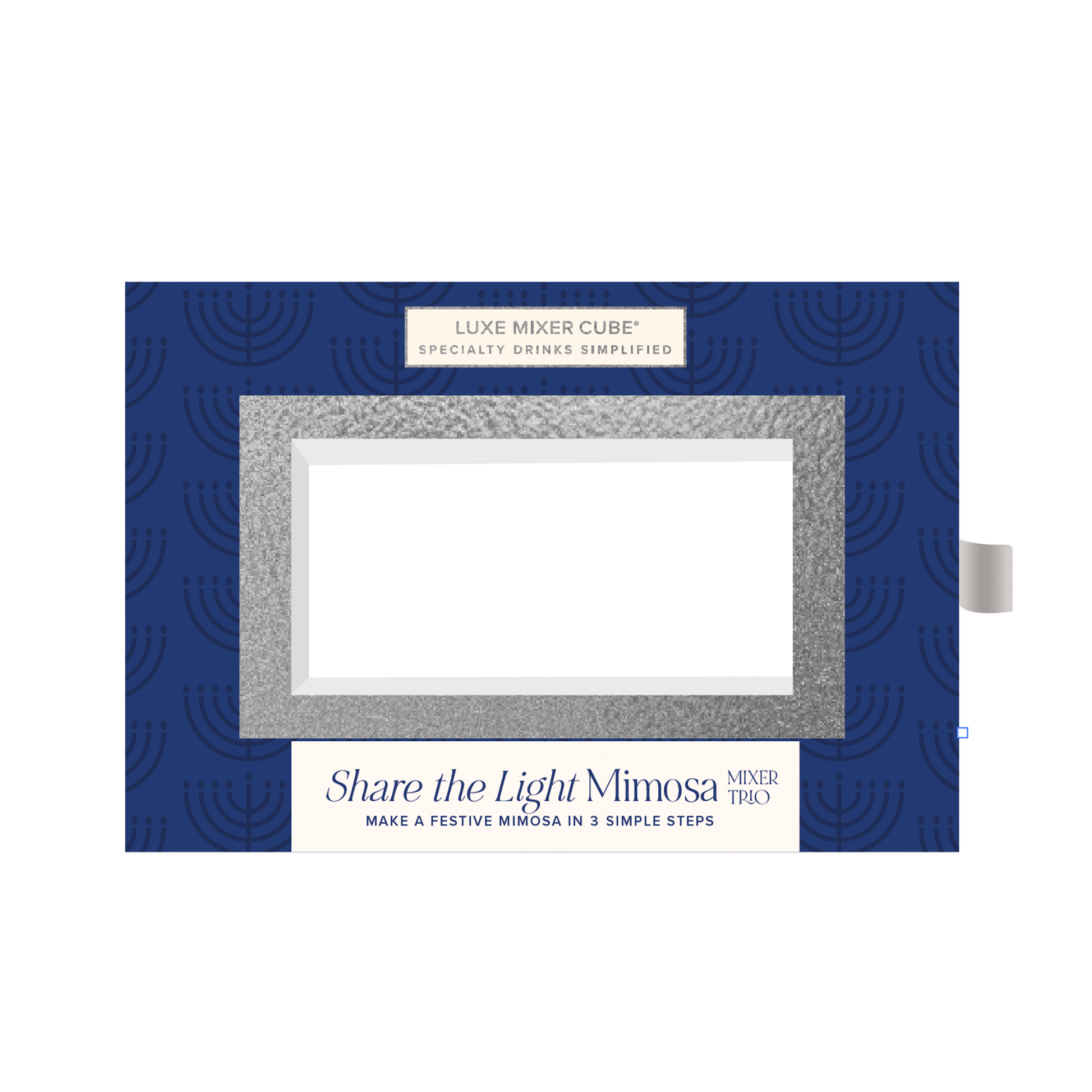 Luxe Mixer Cube packaging with blue background and white text