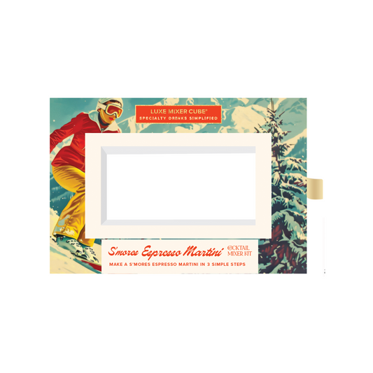 S'mores Espresso Martini mixer kit with vintage-style packaging featuring a skier.