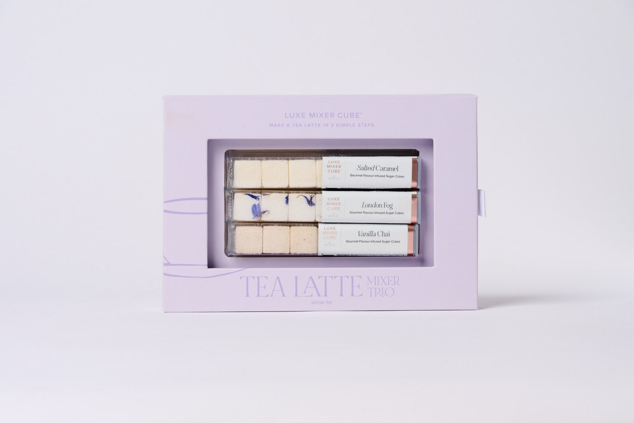 Tea latte bar packaging with visible bars inside on a light gray background
