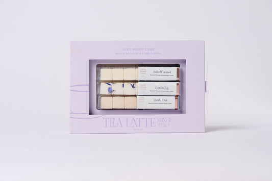 Tea latte bar packaging with visible bars inside on a light gray background