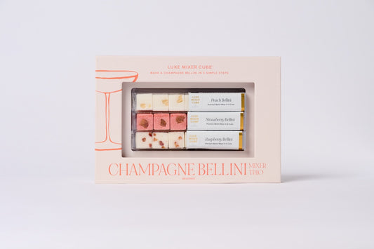 Packaged product with 'Champagne Bellini' branding on a light gray background