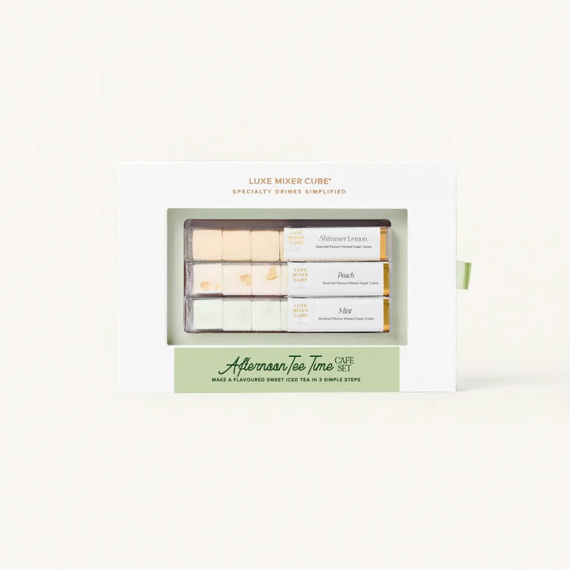 Packaged tea set with 'Luxe Mixer Cube' branding on a white background